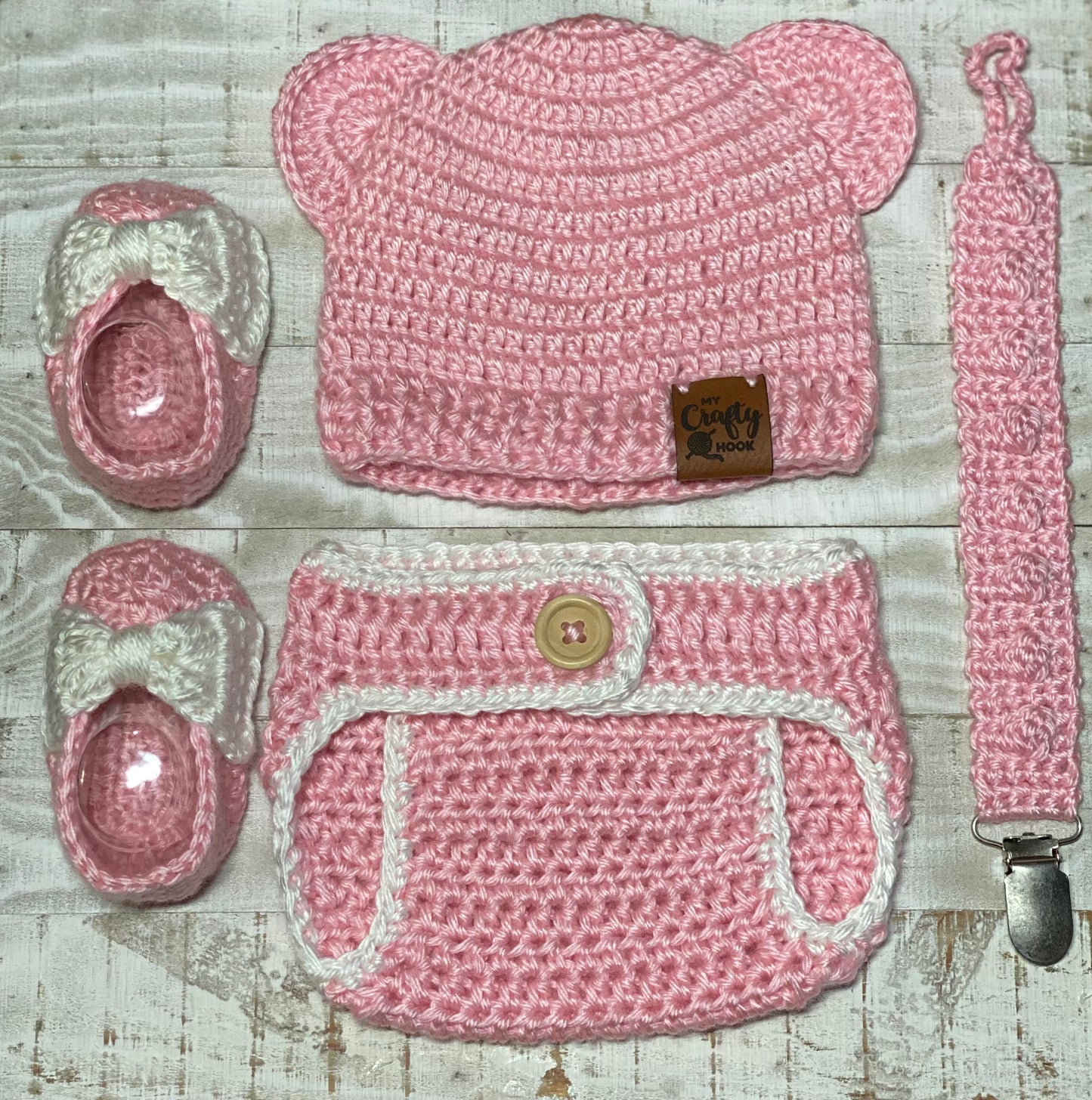 Crochet Baby Bear Hat, Diaper Cover, Booties, and Pacifier Holder Set