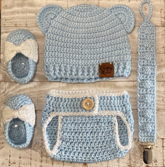 Crochet Baby Bear Hat, Diaper Cover, Booties, and Pacifier Holder Set